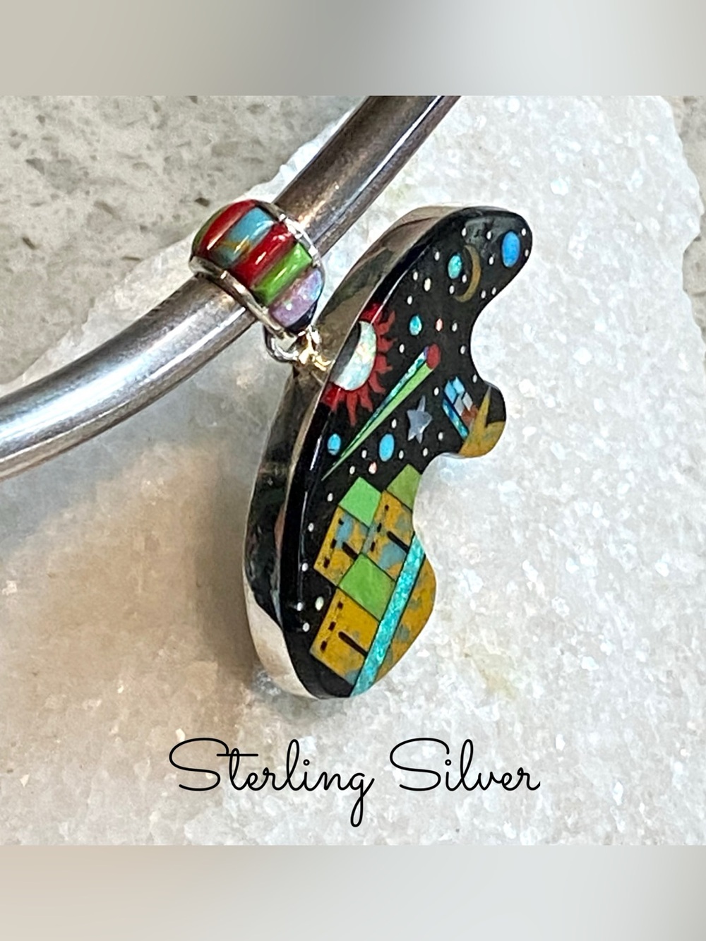 Sterling Silver - Inlay bear pendant w/ pueblo and night sky design - Picture 8 of 13